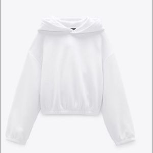 Zara White Cropped Hooded Sweatshirt